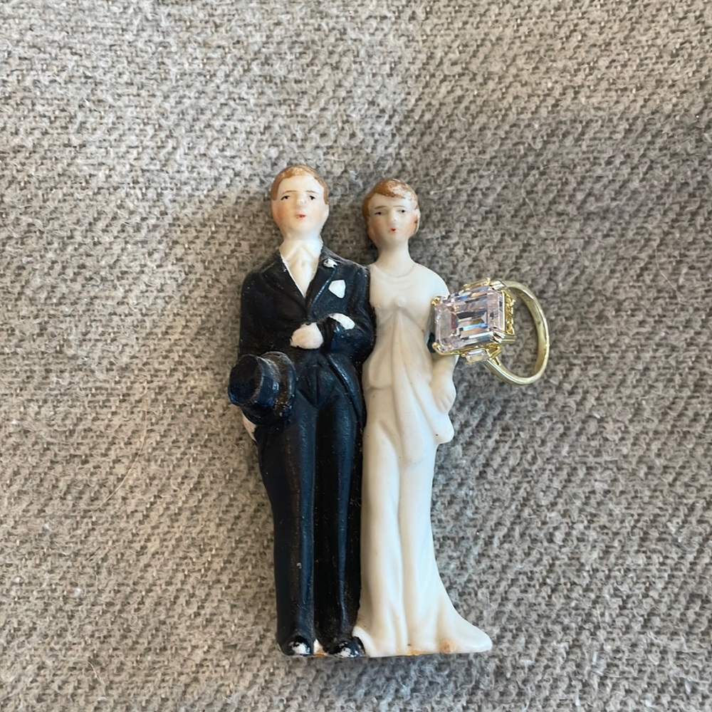 Glass cocktail ring and vintage cake topper